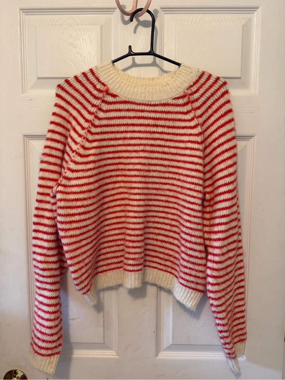 American Eagle Outfitters Red and Cream Striped Crewneck Sweater